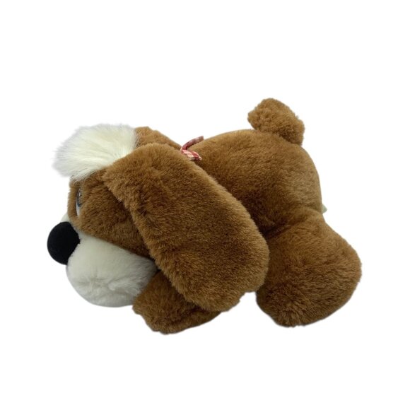 Vtg Dakin Plush Brown Sad Puppy Dog Stuffed Animal With Bow 7" Lying Down - Picture 2 of 5